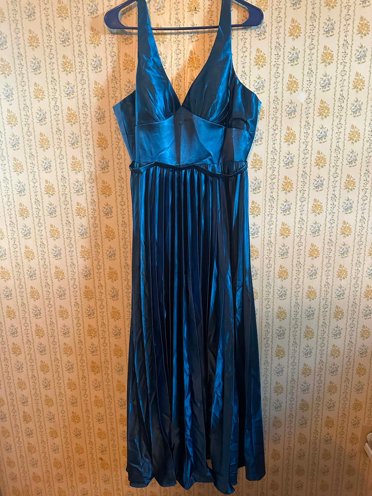Metallic blue satin halter dress