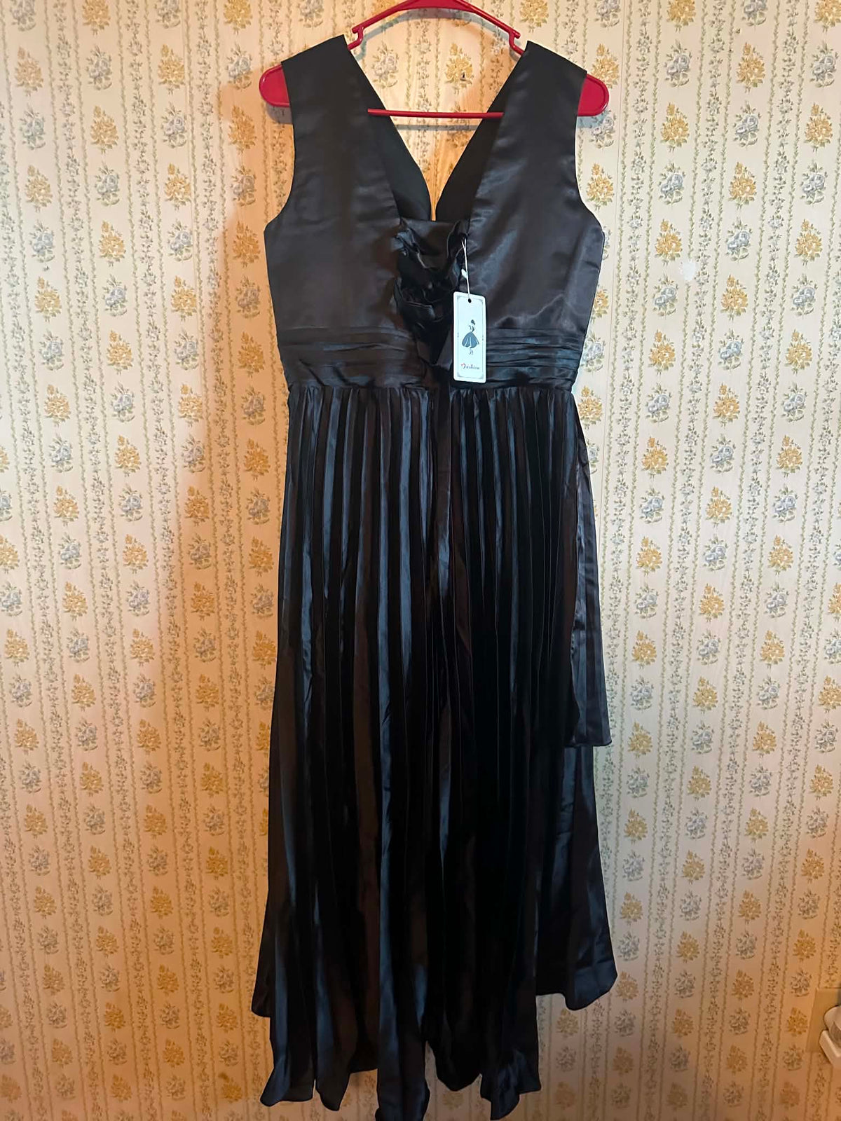 Black Satin dress with a pleated skirt
