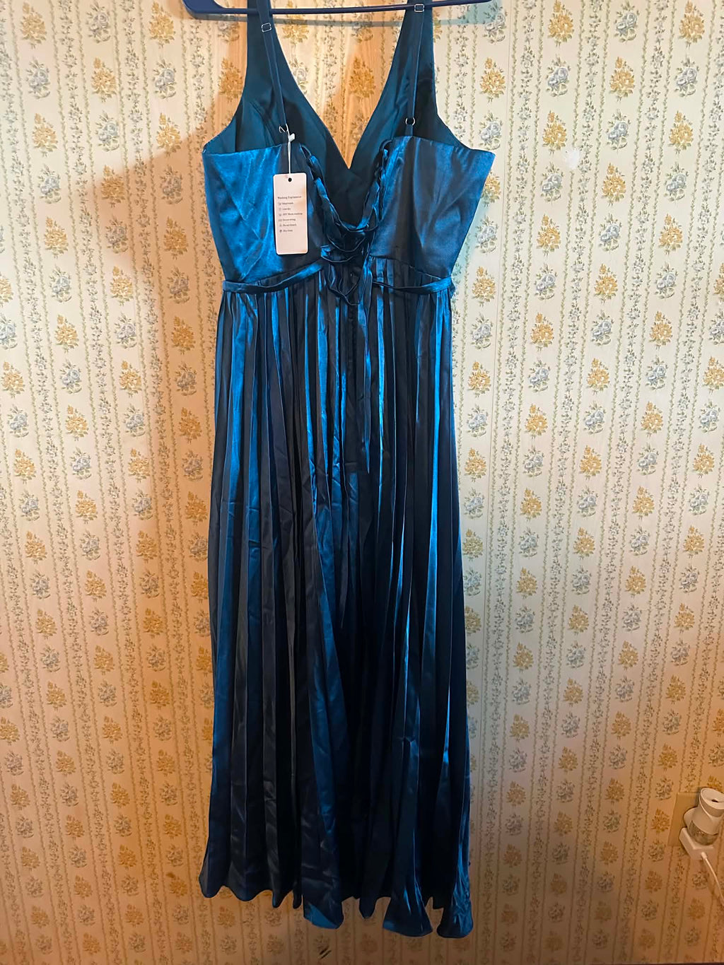 Metallic blue satin halter dress