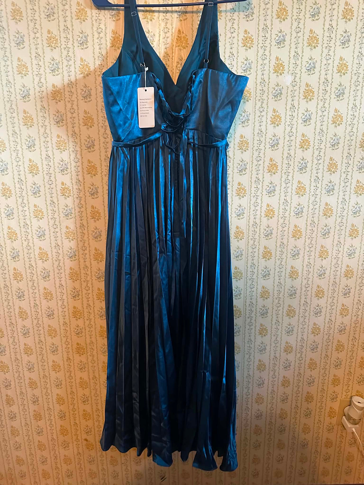 Metallic blue satin halter dress